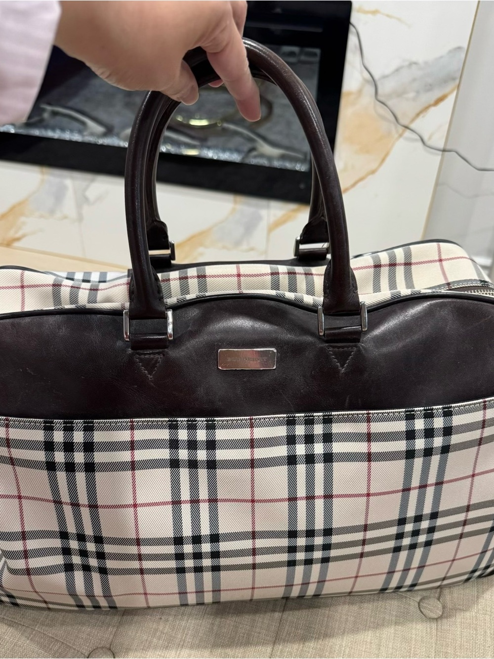 Burberry Cream Plaid Travel Bag with Dark Brown Leather Trim